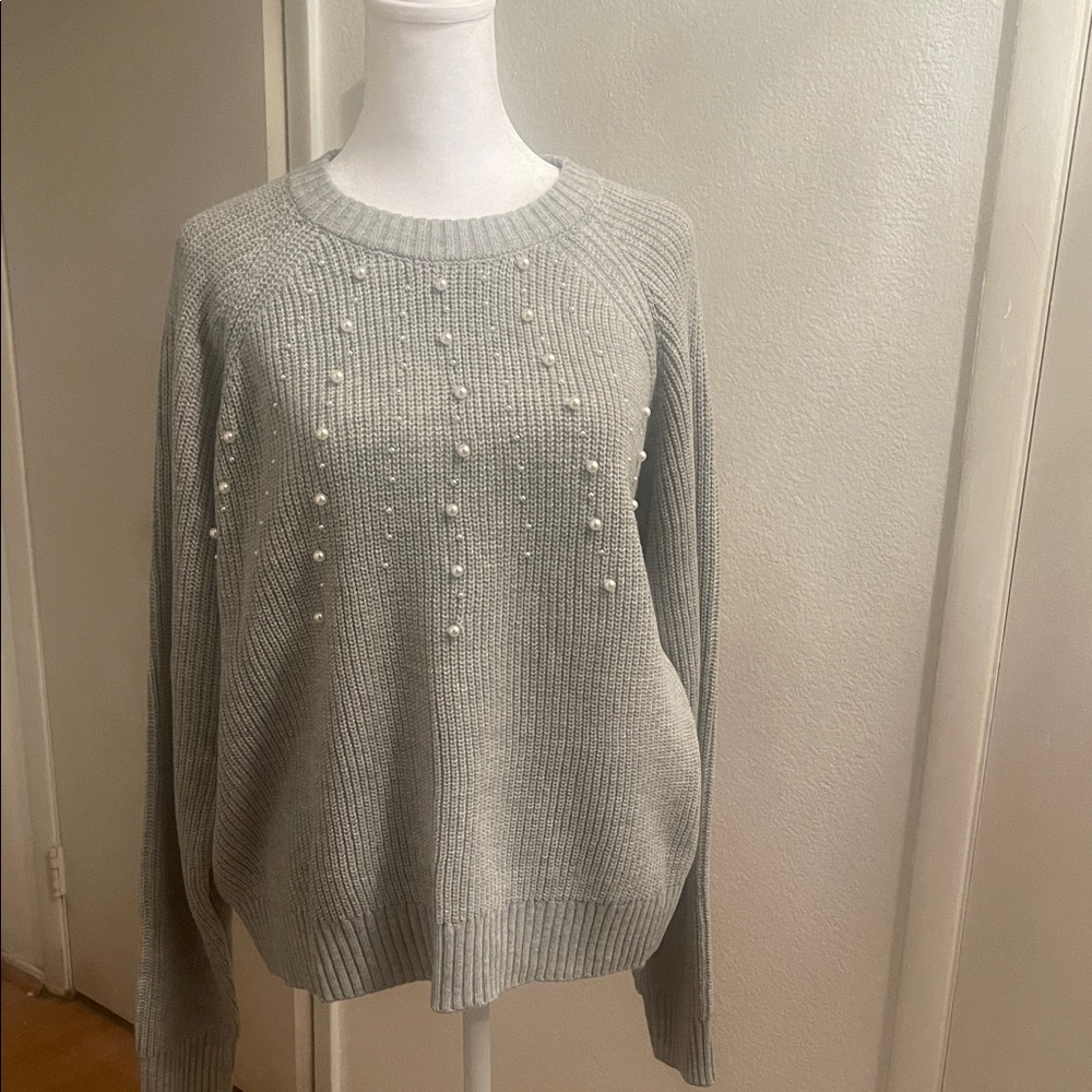 French Connection Light Gray Pearl-Studded Sweater